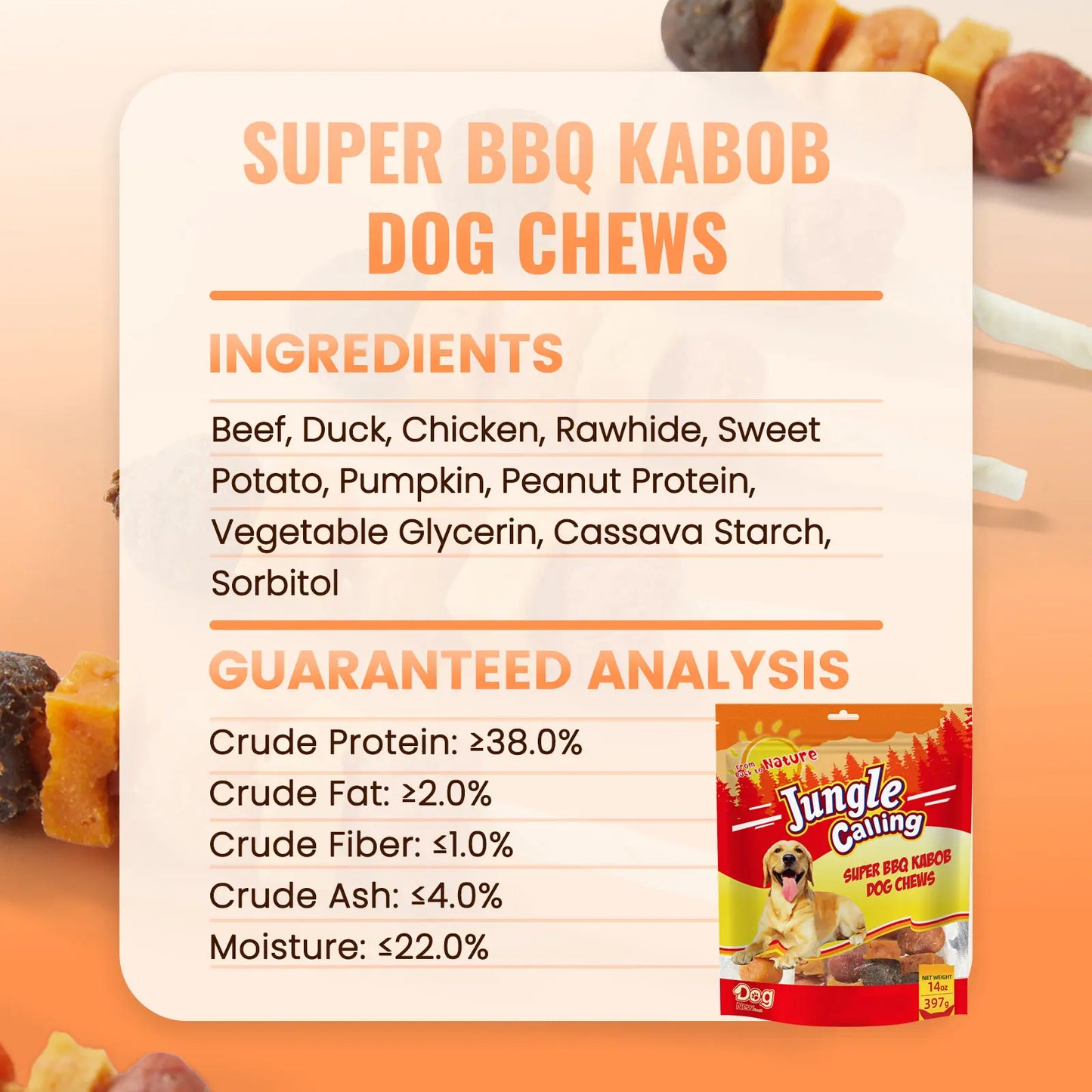 「Buy 1 Get 1 Free」(397G Only) Jungle Calling Chicken, Duck, Beef, Sweet Potato & Pumpkin Kabob Dog Treats, Multi-Flavor Dog Chews, Rawhide Sticks, Chew Sticks, Kabob Treats, Pet Snacks, Reward Treats, Training Treats, Dog Snack Sticks,