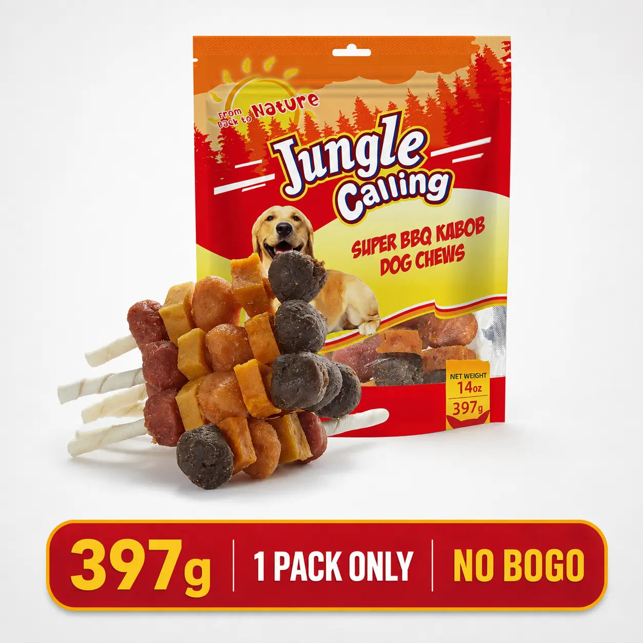 「Buy 1 Get 1 Free」(397G Only) Jungle Calling Chicken, Duck, Beef, Sweet Potato & Pumpkin Kabob Dog Treats, Multi-Flavor Dog Chews, Rawhide Sticks, Chew Sticks, Kabob Treats, Pet Snacks, Reward Treats, Training Treats, Dog Snack Sticks,