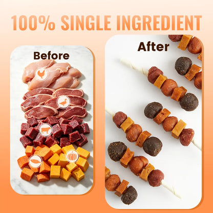 「Buy 1 Get 1 Free」(397G Only) Jungle Calling Chicken, Duck, Beef, Sweet Potato & Pumpkin Kabob Dog Treats, Multi-Flavor Dog Chews, Rawhide Sticks, Chew Sticks, Kabob Treats, Pet Snacks, Reward Treats, Training Treats, Dog Snack Sticks,