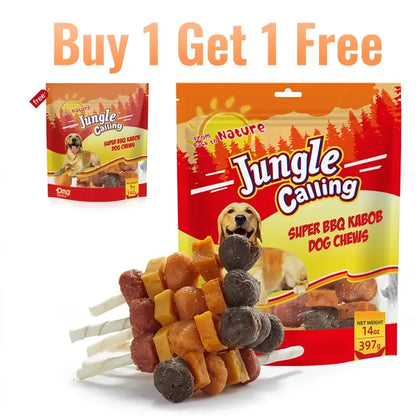 「Buy 1 Get 1 Free」(397G Only) Jungle Calling Chicken, Duck, Beef, Sweet Potato & Pumpkin Kabob Dog Treats, Multi-Flavor Dog Chews, Rawhide Sticks, Chew Sticks, Kabob Treats, Pet Snacks, Reward Treats, Training Treats, Dog Snack Sticks,